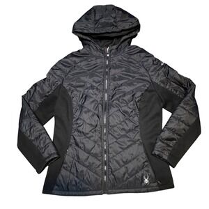 Spyder Womens Black Hybrid Quilted Puffer Hooded Jacket Large Light Weight